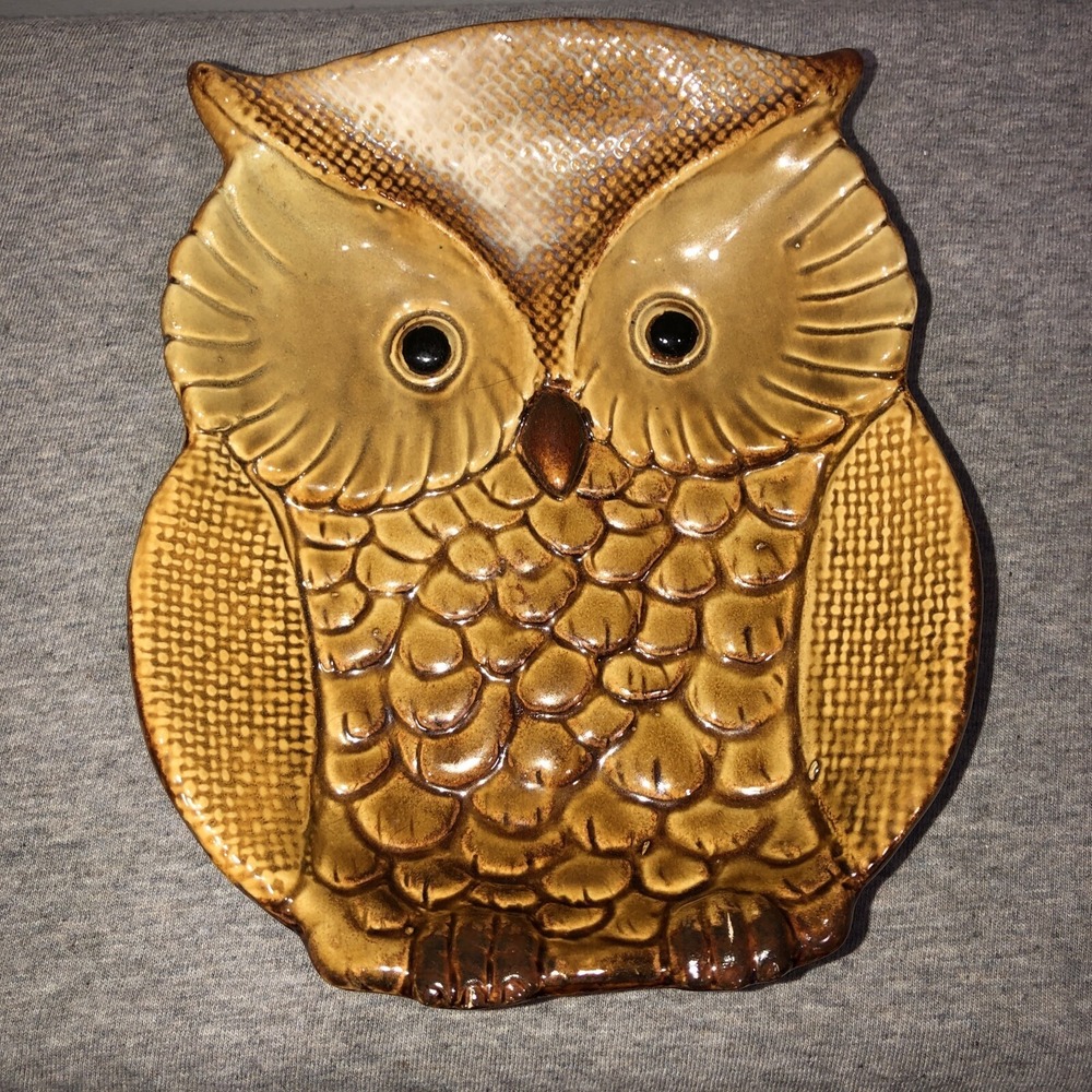 Ceramic Owl Candy Nut Trinket Dish Brown Plate 7"x 6"VTG Decor